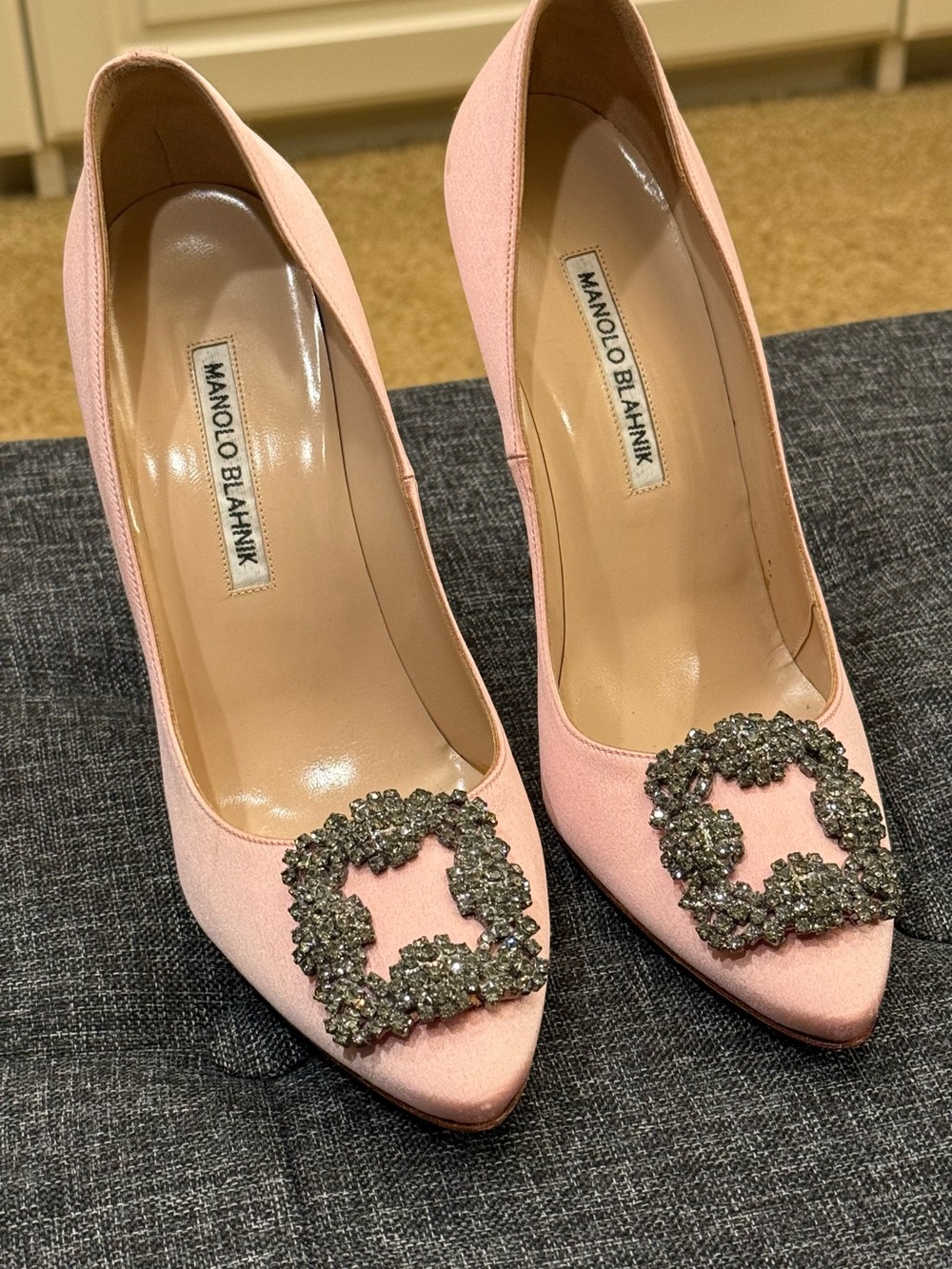 Manolo Blahnik Hangisi Pale Pink Crystal-Buckle Pointed-Toe Pumps